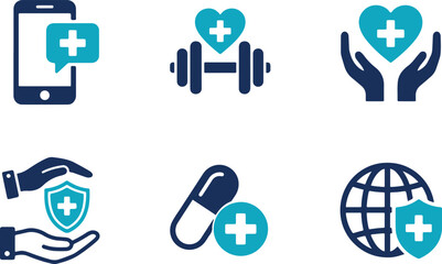 Fototapeta premium Healthcare and Wellness Icon Set featuring Medical Shield, Fitness Barbell, and Telehealth