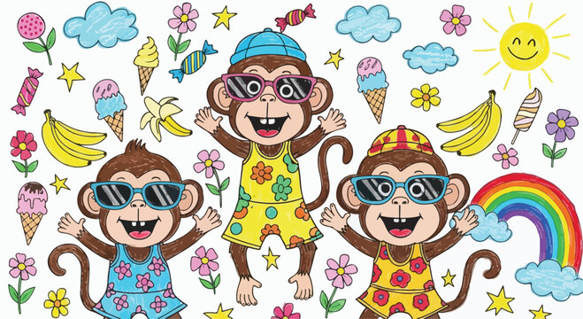 Cute monkey summer vacation vector set, happy cartoon monkeys in sunglasses and swimwear, tropical beach party elements with ice cream and rainbow