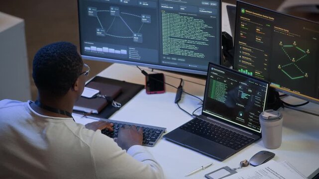 View from above of African American network administrator reviewing data analytics and codes on computers and checking documents at table in cybersecurity office
