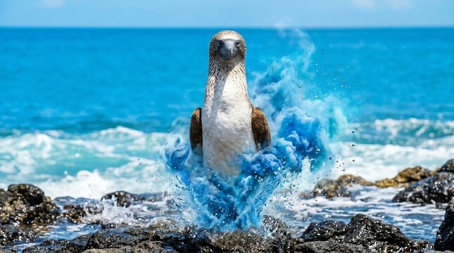 Nazca Booby Bird Standing on Volcanic Rocks with Ocean Waves.