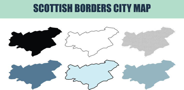 Scottish Borders city map outlines in various styles and colors on white background