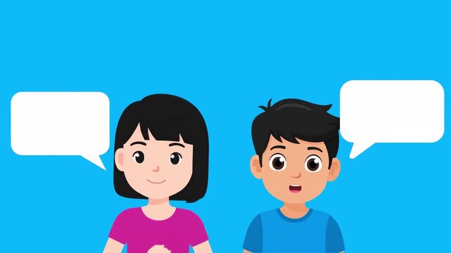 A flat 2D vector animation featuring a young boy and girl standing together with speech bubbles emerging beside them against a blue background. This clip is ideal for children's educational content, d