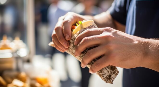 Close-up of a person's hands carefully wrapping a delicious, fresh street food wrap or burrito, preparing it for a quick and satisfying meal on a sunny day