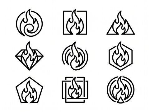 Outline fire flame warning hazard icons set in various geometric shapes vector illustration