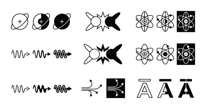 Science Icons Set: Atomic Structure, Wave Motion, Particle Collision, and Abstract Symbols Vector Graphics for Education and Technology Concepts