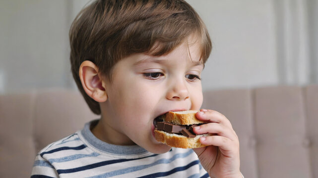 Retrato ni&ntilde;o de 5 a&ntilde;os, con cabello corto casta&ntilde;o, comiendo feliz, un sandwich con onzas de chocolate con leche con fondo de sof&aacute; de salon borroso