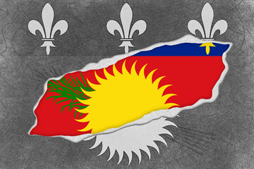 Textured Graphic Design Revealing the Colorful Unofficial Flag of Guadeloupe with a Torn Effect, Showcasing Cultural Symbols Like the Fleur de lis and Sun © Mulkan