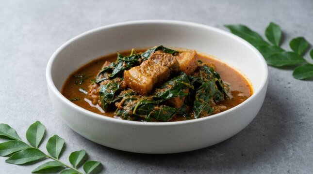 Thai Red Curry with Pork Belly and Kaffir Lime Leaves in White Bowl
