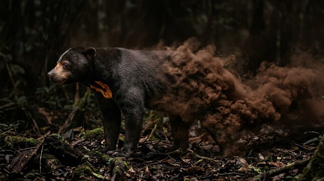 Sun Bear Running Through Dark Forest With Smoke Trail.