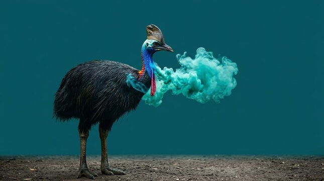 Surreal portrait of a southern cassowary with vibrant teal smoke.
