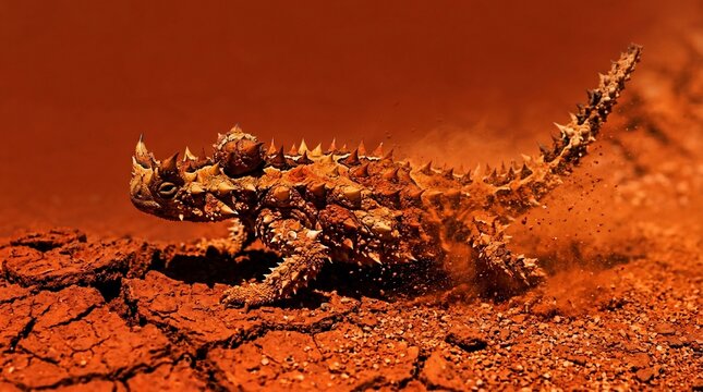 Thorny Devil Lizard Walking Across Arid Red Desert Outback.