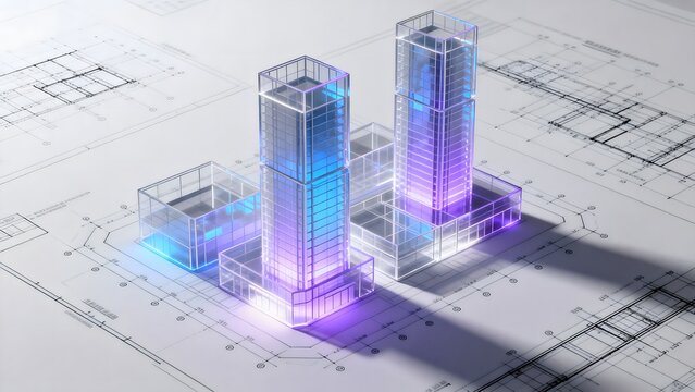 Futuristic building models on blueprint