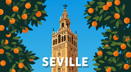 Seville vector illustration of Giralda tower framed by orange trees and ripe oranges, sunny day, vibrant city landmark © Purnomo