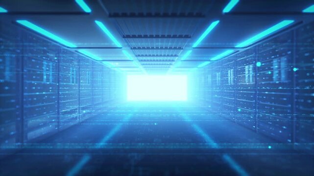 Technology particle grid lines server cabinet, A high-tech data center corridor lined with server racks, illuminated by blue neon lights, with a bright light at the end and floating data particles.