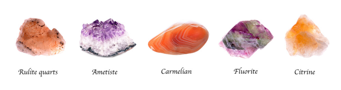 Collection of polished gemstone and mineral samples labeled on white card,  showcasing varied colors and textures ,isolated on white background