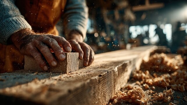 Carpenter hands sanding a thick wooden plank in a workshop with flying sawdust and golden light