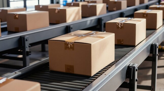 Automated conveyor belts move sealed cardboard boxes in large modern factory. Packages travel along parallel lines on grey industrial roller system. Goods prepared for shipment from manufacturing