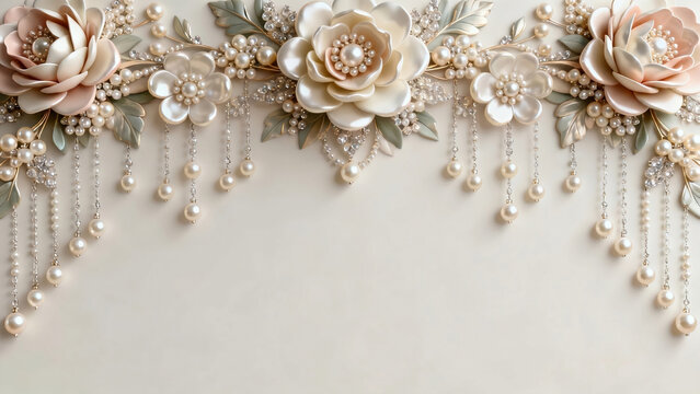 Elegant floral border design with lustrous ornamental flowers in ivory and pale pink tones, pearl fringe details on soft neutral background, luxurious feminine aesthetic with copy space