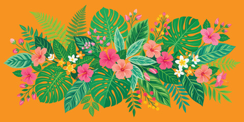 Obraz premium Vibrant tropical floral arrangement with pink flowers and green leaves on orange background