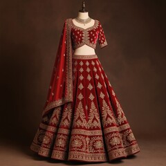 Fototapeta na wymiar Ornate red Indian bridal lehenga choli with intricate gold embroidery. Full skirt, fitted blouse, and sheer dupatta displayed on mannequin. Elegant traditional wedding attire with rich textile detail.