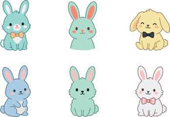 Fototapeta premium Cute Bunny and Rabbit Cartoon Character Collection with Kawaii Animal Expressions for Kids Stickers, Nursery Prints, and Baby Shower Designs