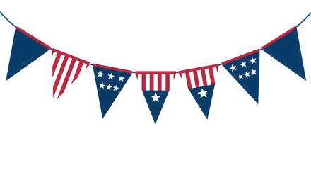 Obraz premium String of decorative bunting flags with stars and stripes pattern hanging outdoors