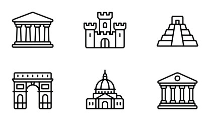 Fototapeta premium Iconic Historical Buildings Vector Set: Ancient Greek Temple, Medieval Castle, Mayan Pyramid, Triumphal Arch, Renaissance Dome, Roman Forum Architecture
