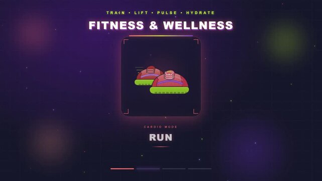 Neon fitness and wellness glowing icons collection on a dark grid interface