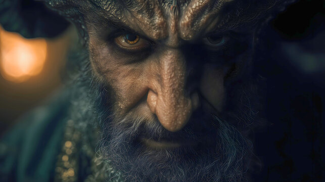 Fearsome dark jinn with heavy textured horns and glowing amber eyes, ancient mythological demon representing Iblis, moody lighting and pure evil concept.