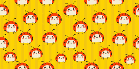 Obraz premium Ladybug seamless pattern on yellow striped background
