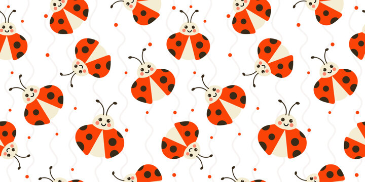 Flying ladybug seamless pattern on white wavy background
