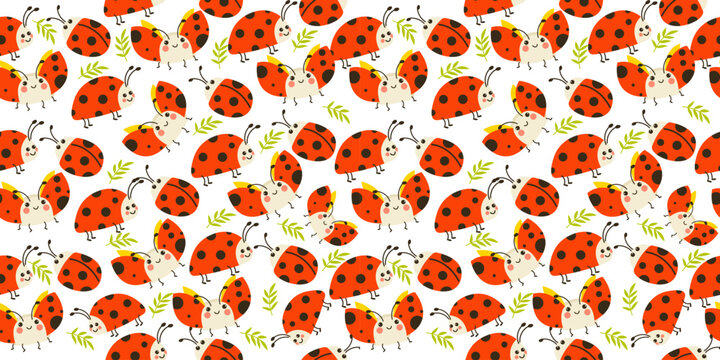Dense ladybug seamless pattern with leaves on white background