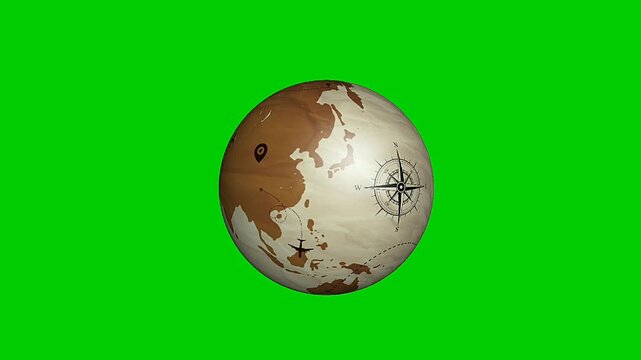 Cinematic spinning globe with airplane routes and compass, on a green screen background, symbolizing global travel, adventure, and international connectivity.