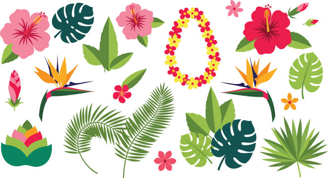 Vibrant tropical flowers and leaves arrangement with hawaiian lei on white background