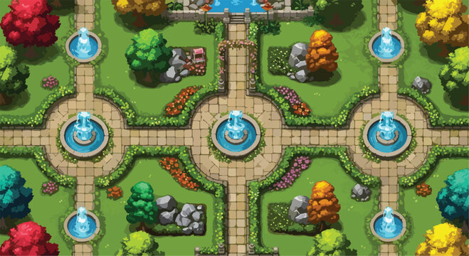 Isometric garden game map with water fountains, top-down fantasy park landscape, colorful trees and stone paths for RPG level design