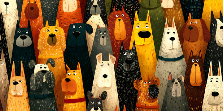 Funny dog animal crowd cartoon seamless pattern in flat illustration style. Cute puppy pet group background, diverse domestic dog breed wallpaper.