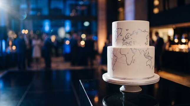 Two tier white wedding or corporate cake with silver world map design on table in dark blue blurred event background.