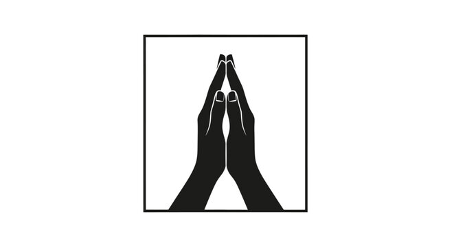 Minimalist black silhouette icon of hands pressed together in prayer.