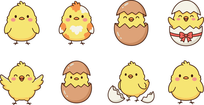 Cute Baby Chick Collection with Easter Eggshell Characters, Kawaii Spring Birds, Festive Cartoon Animals, and Vector Illustration Set