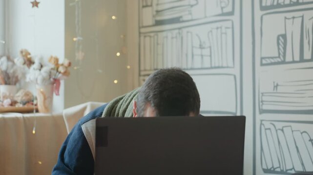 White male learner investigating laptop issue, urgent posture pointing at screen, fingers tapping keys, brows furrowed, deadline tension, window light, cozy interior, error messages implied,