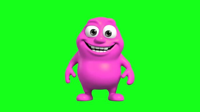 Funny 3D pink monster character with a wide smile and cheerful expression isolated on a green screen background. Ideal for video editing, compositing, kids animation, funny motion graphics, educationa