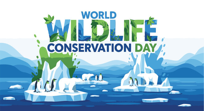 World Wildlife Conservation Day poster with penguins on icebergs in blue ocean with mountains in background in colorful illustration for environmental awareness