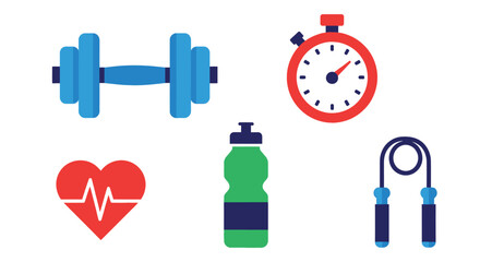 fitness icons set dumbbell stopwatch heart water bottle and jump rope © PAKE
