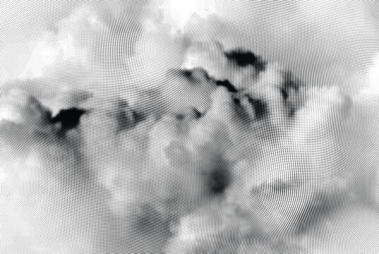 Halftone cloud formation with dramatic grayscale texture and atmospheric dot pattern.