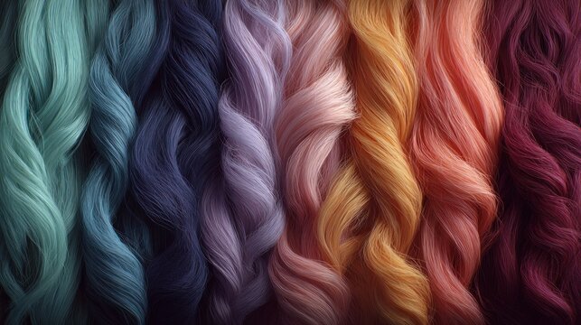 Close up of colorful wavy hair extensions arranged in a vibrant rainbow gradient pattern