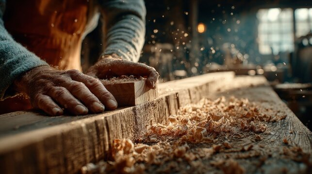 Close up of craftsman hands working with wood and flying sawdust in a rustic workshop