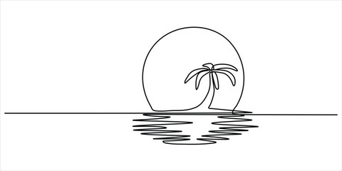 Palm tree island line art vector illustration minimalist continuous drawing tropical sunset and nature concept © Dosoroth Chandra