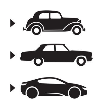 Black silhouettes of different car models with arrows
