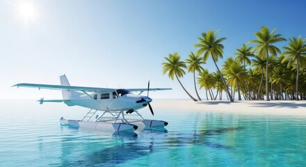 Naklejka premium A sleek white seaplane floats on calm turquoise water near a white sand beach lined with palm trees under a bright tropical sun in paradise, paradise, ocean, bay