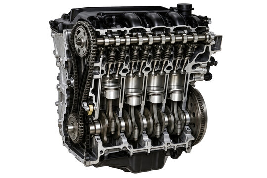 cutaway 4-cylinder gasoline engine showing four stroke cycle in progress